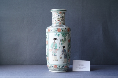 A fine Chinese famille verte rouleau vase, Kangxi